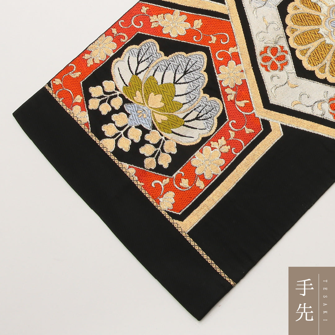 袋帯 六通 未仕立て 帯丈424cm フォーマル Cランク 正絹 唐織 吉祥文様 亀甲 菊 桐 落款 黒系 1223-01462