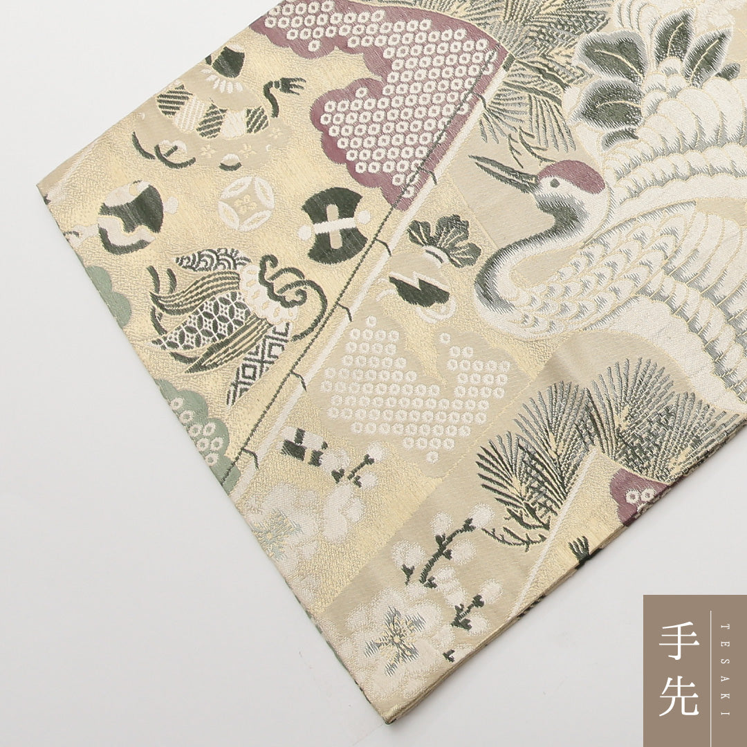 アンティーク 丸帯 帯丈400cm 正絹 全通 松鶴 ベージュ系 1242-01473