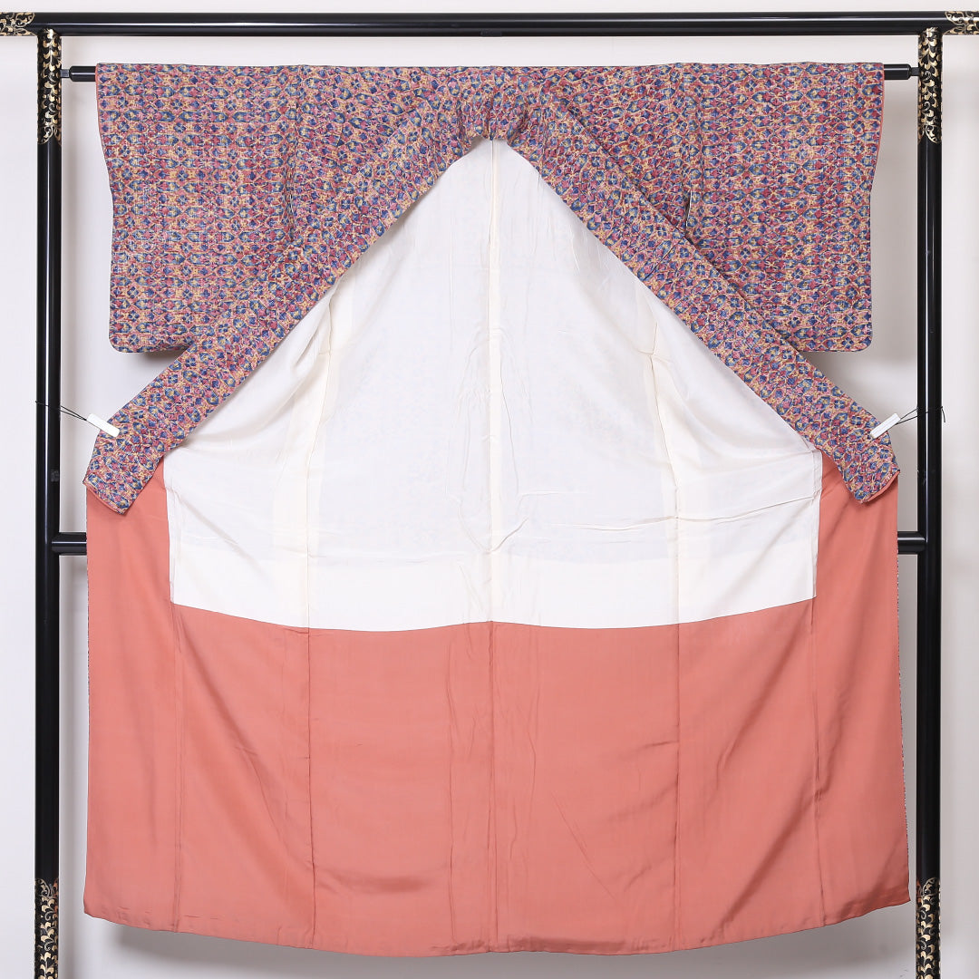 小紋 袷 身丈149cm 裄丈62cm 正絹 Sランク インフォーマル 広衿 XSサイズ 花菱 ピンク系 RP 1221-01943