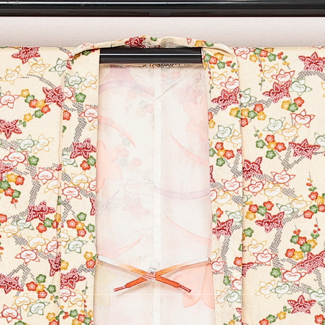 未使用品 羽織 袷 身丈83cm 裄丈64cm 正絹 Sランク カジュアル Mサイズ 紐あり しつけ糸 梅 紅葉 橘 クリーム系 RP 1232-13818