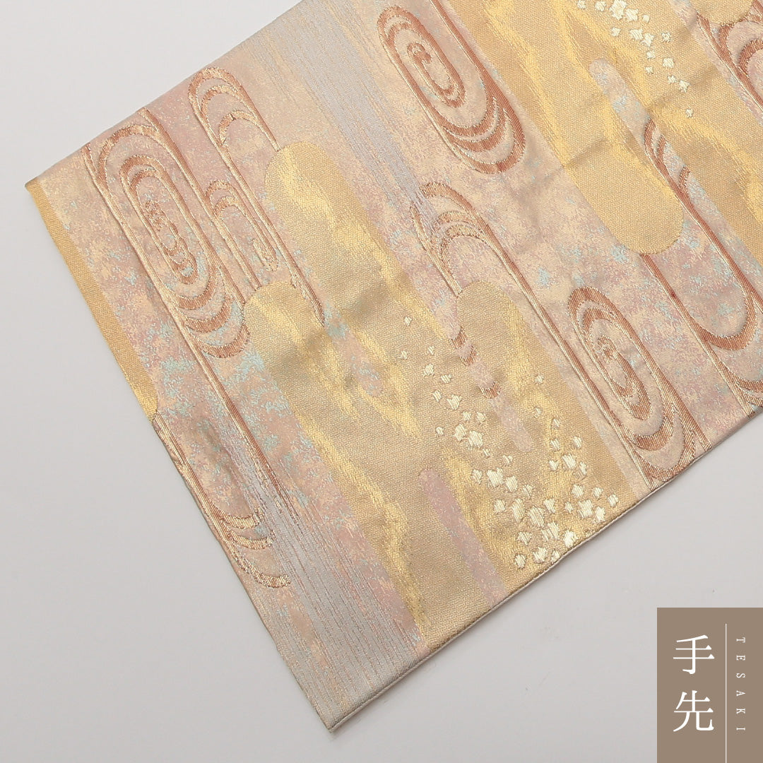 袋帯 六通 帯丈436cm フォーマル Sランク 正絹 引箔 エ霞 観世水 金系 1223-01477