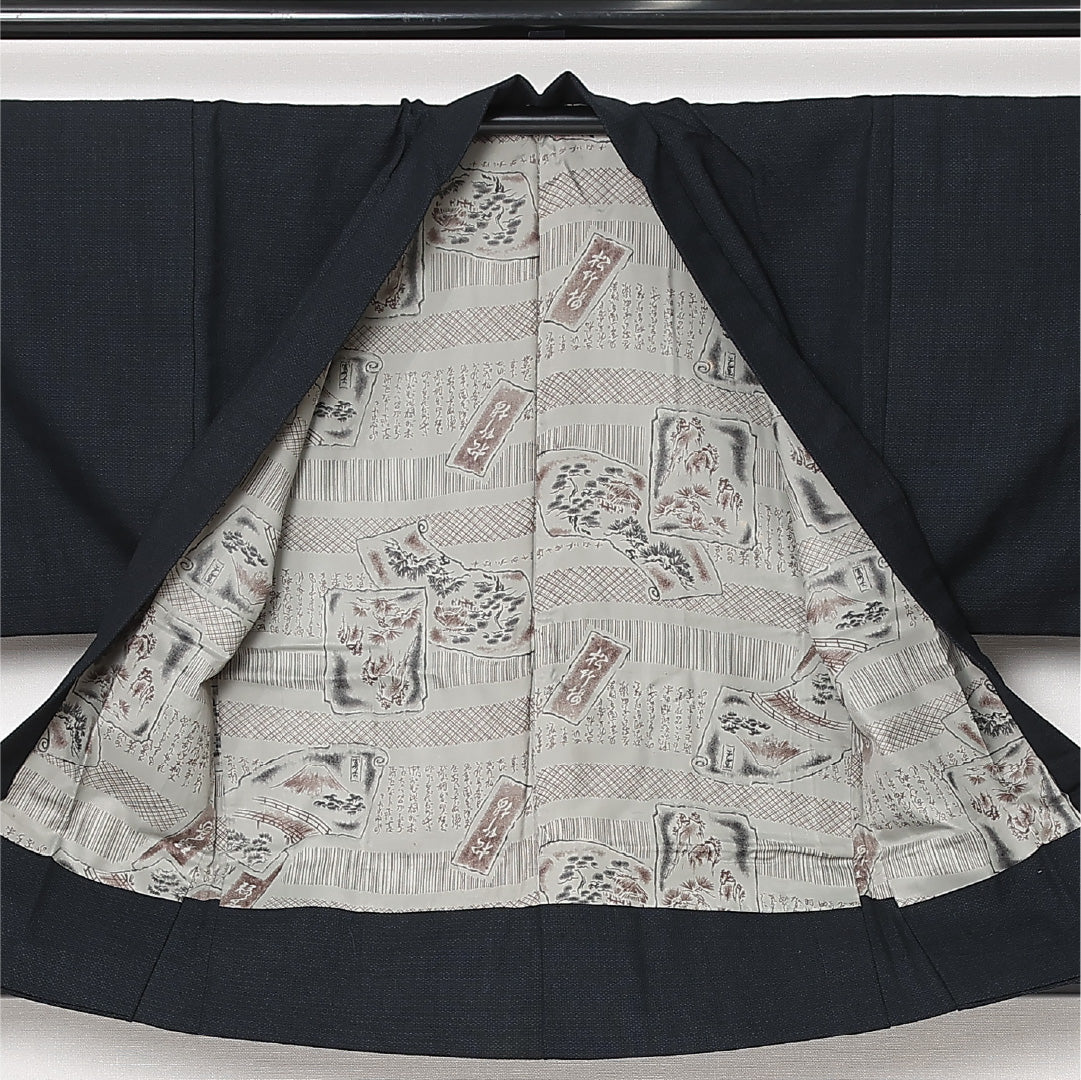 羽織 男性用 (本塩沢) 袷 身丈88cm 裄丈32cm 正絹 Aランク カジュアル XSサイズ 茶屋辻 亀甲絣 紺系 M4 1235-13041