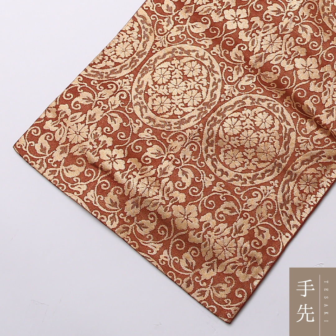 袋帯 帯丈432cm 正絹 六通 セミフォーマル 唐草華文 金系 朱系 1243-01601