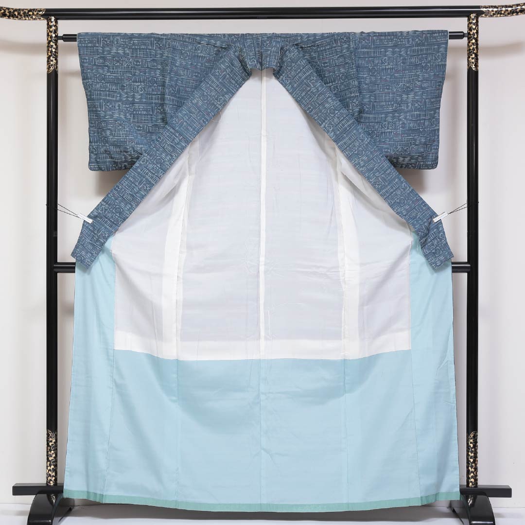 お召 洗える着物 袷 身丈165cm 裄丈62cm ポリエステル Bランク XLサイズ 広衿 インフォーマル 創作柄 水色系 青系 1265-01758
