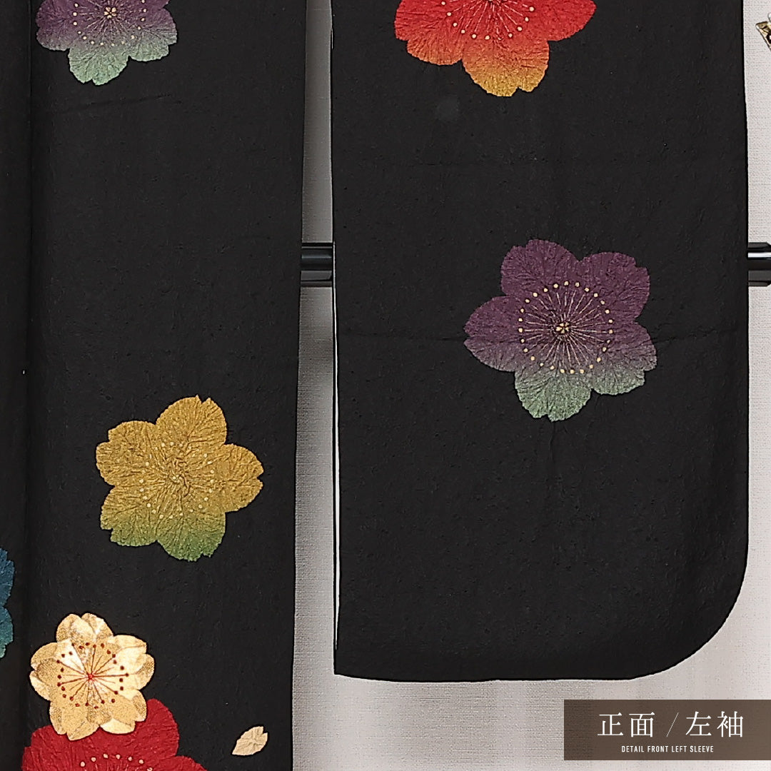 振袖 (長襦袢セット) 身丈168cm 裄丈71cm Sランク 正絹 袷 広衿 XL 絞り 桜 フォーマル レトロ 可愛らしい 黒系 1213-F0569