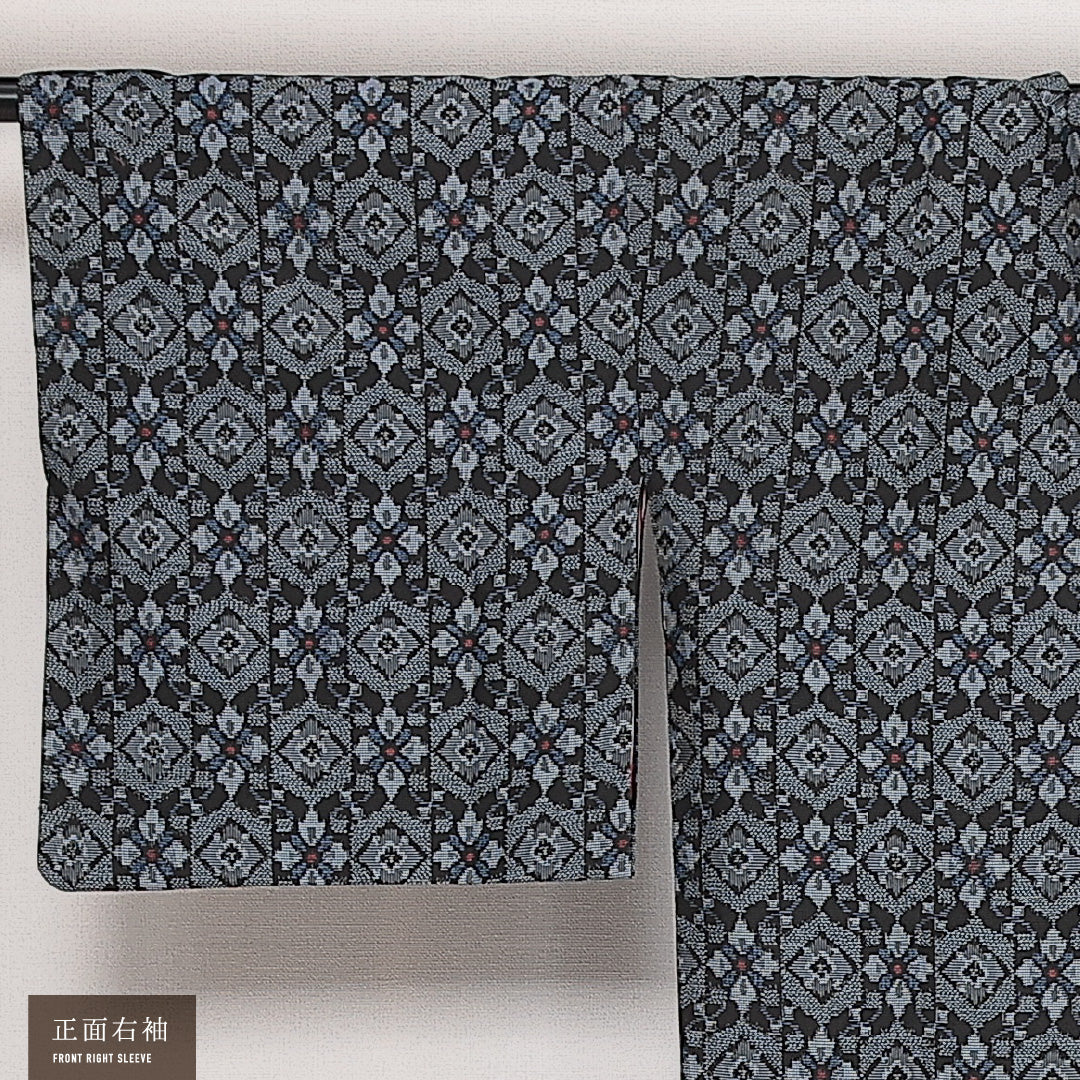 道行コート (大島紬) 袷 身丈84cm 裄丈64cm 正絹 Sランク インフォーマル Mサイズ 経緯絣 ポケットあり 花柄 青系 RP 1237-13802
