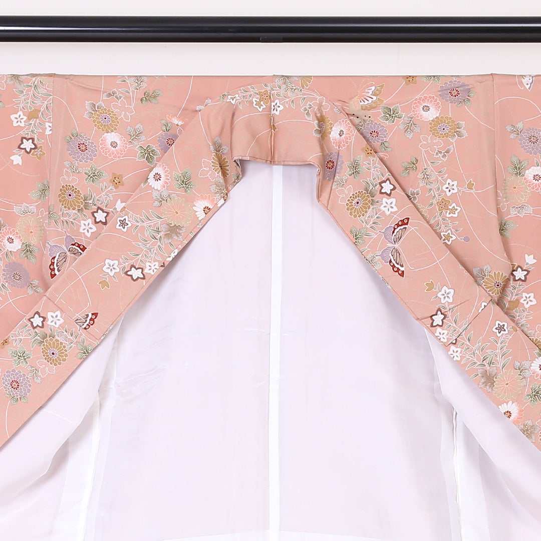 小紋 袷 身丈161cm 裄64cm ピンク系 菊 桔梗や蝶 金彩 正絹 Aランク 1215-01948-3413
