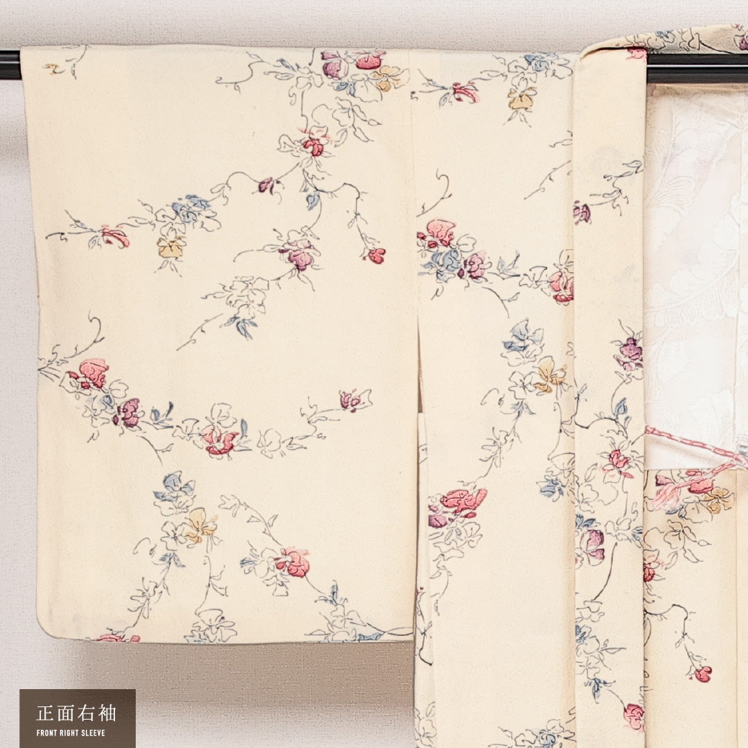 羽織 袷 身丈80cm 裄丈63cm 正絹 Sランク カジュアル Sサイズ 紐あり 花柄 クリーム系 RP 1232-13817