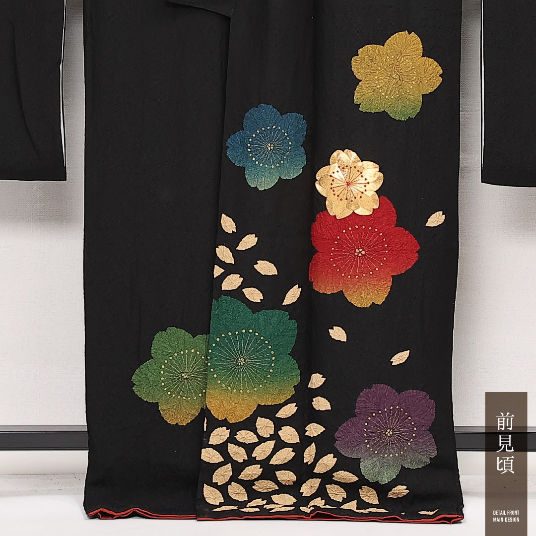 振袖 (長襦袢セット) 身丈168cm 裄丈71cm Sランク 正絹 袷 広衿 XL 絞り 桜 フォーマル レトロ 可愛らしい 黒系 1213-F0569
