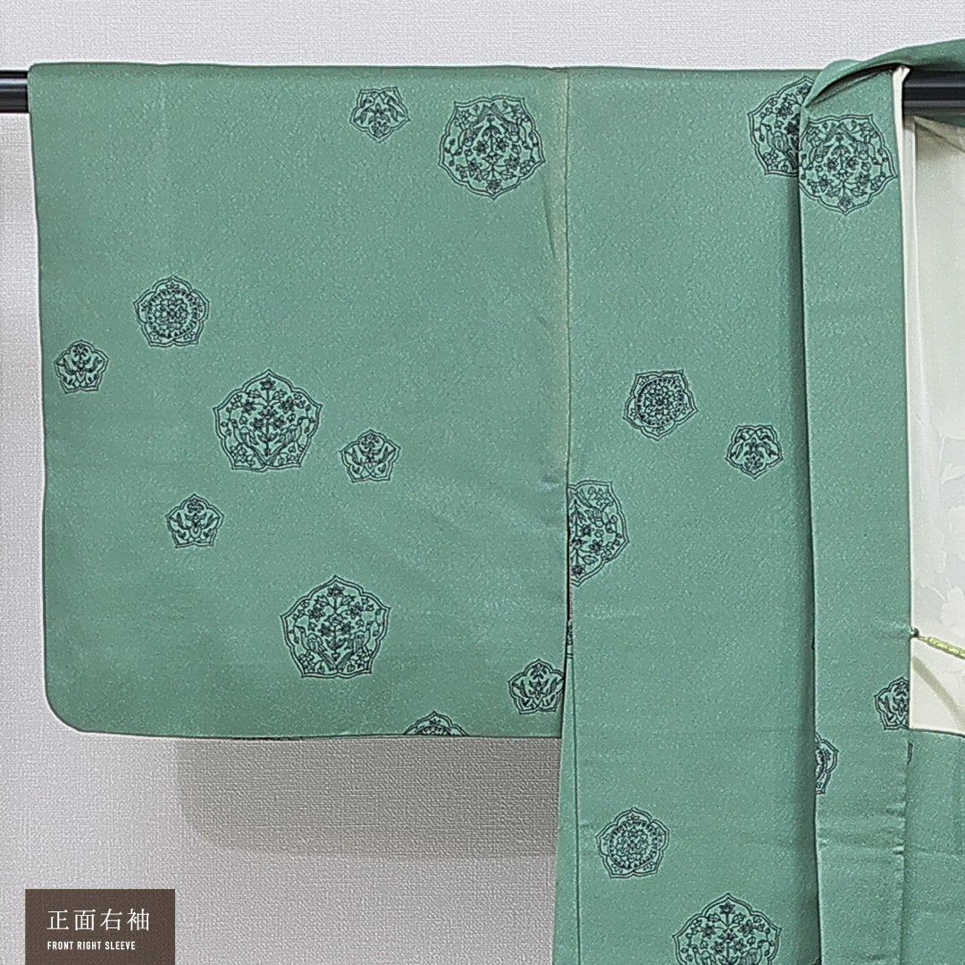 羽織 袷 身丈73cm 裄丈61cm 正絹 Bランク カジュアル Sサイズ 紐あり 鏡裏文 緑系 RP 1232-16119