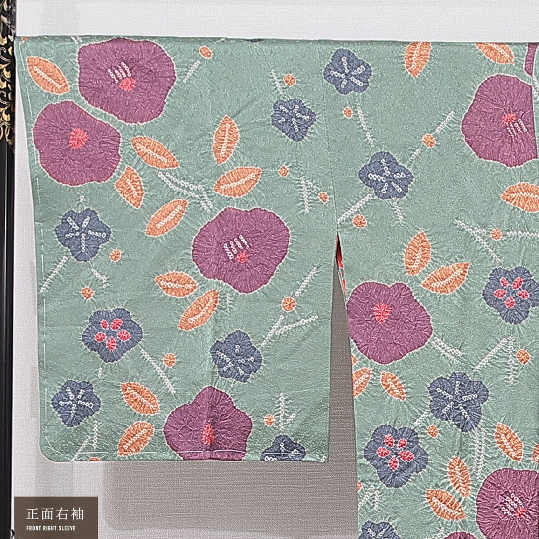 道行コート 袷 身丈90cm 裄丈67cm 正絹 Sランク フォーマル Mサイズ 絞り 椿 可憐 ポップ 緑系 RP 1237-16786