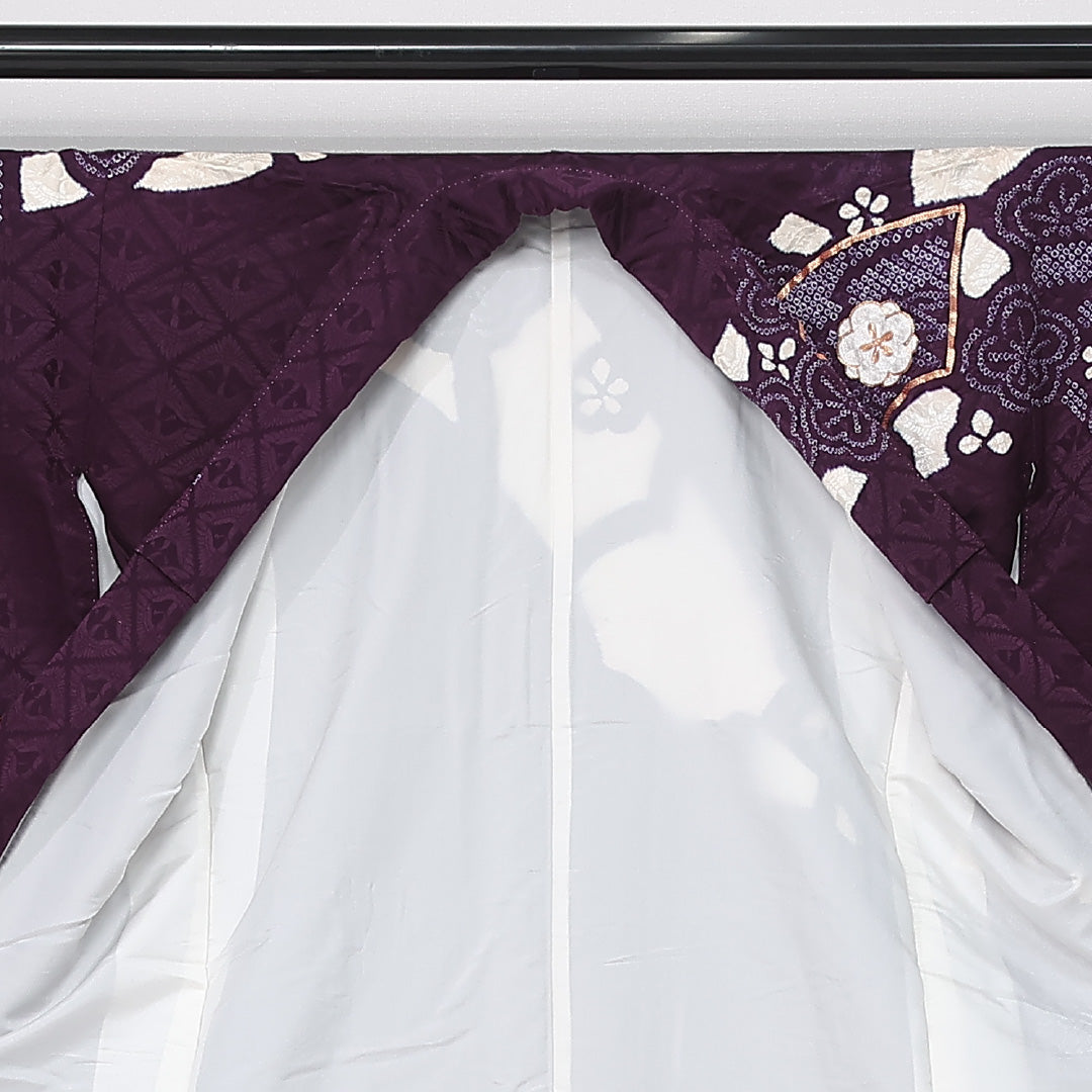 振袖 身丈158cm 裄丈64cm Aランク 袷 正絹 XL 広衿 絞り 金駒刺繍 吉祥文様 扇 古典柄 桜 花柄 紫系 1213-F0437