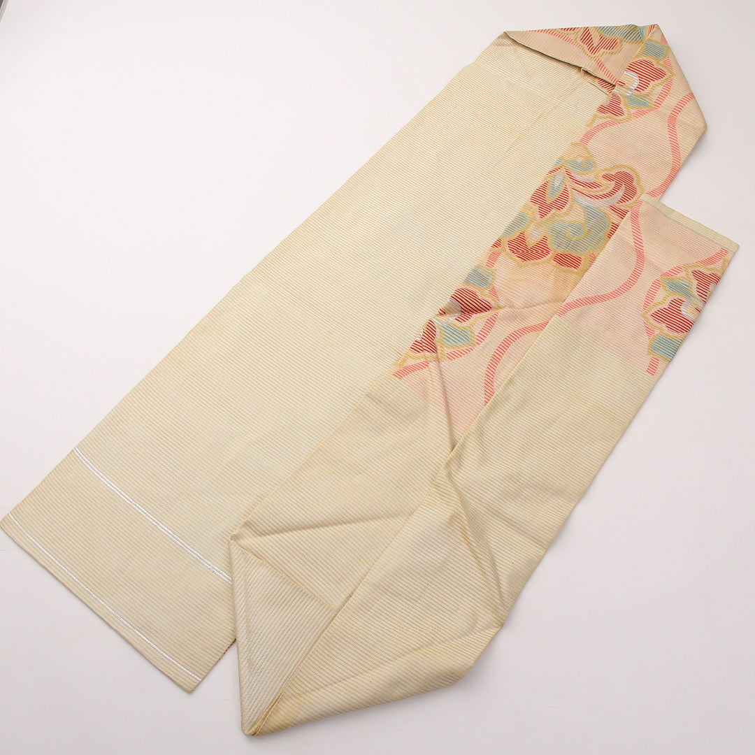 アンティーク 夏物 名古屋帯 六通 帯丈473cm Cランク 正絹 絽 宝相華 クリーム系 1224-02292