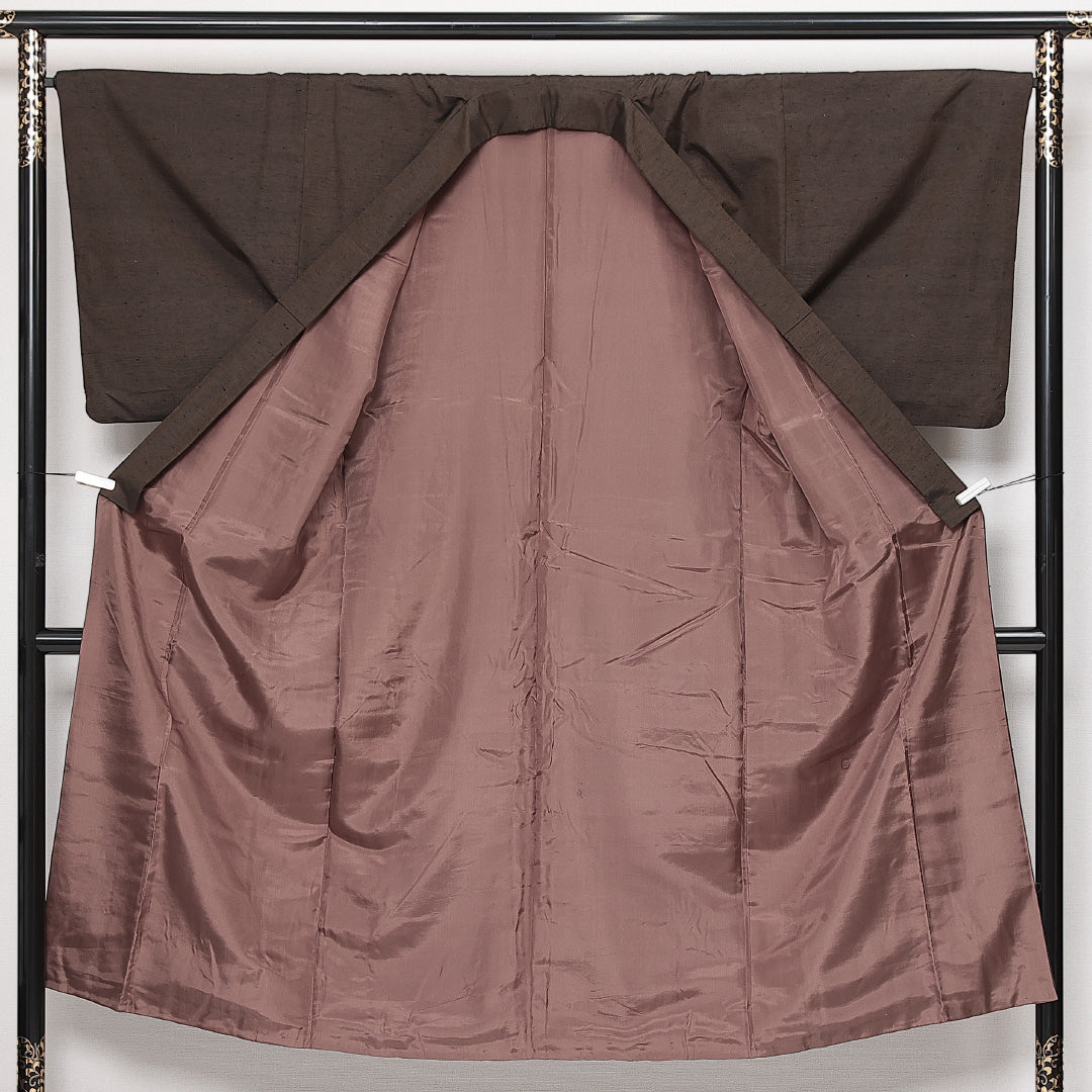 男着物 袷 身丈139cm 裄丈68cm 正絹 Aランク カジュアル 棒衿 Sサイズ 無地 茶系 HP 1224-13954