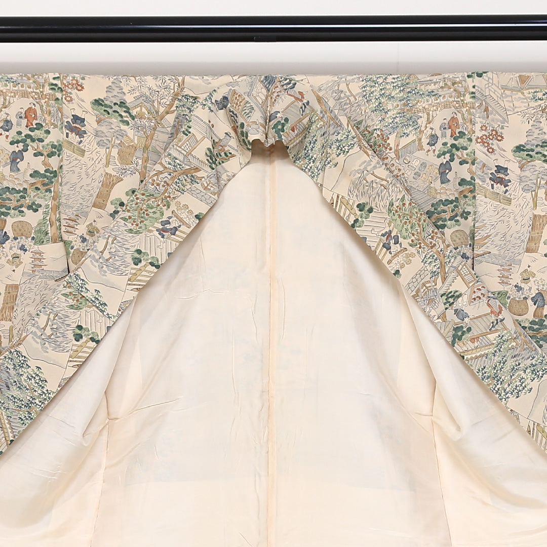 小紋 袷 身丈146cm 裄丈63cm 正絹 Aランク インフォーマル 広衿 XSサイズ 人物 風景柄 クリーム系 HP 1221-01650
