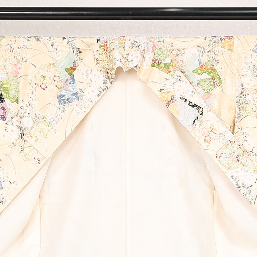 小紋 袷 身丈153cm 裄丈63cm 正絹 Sランク インフォーマル 広衿 Sサイズ 金彩 色紙 四君子 クリーム系 RP 1221-13170