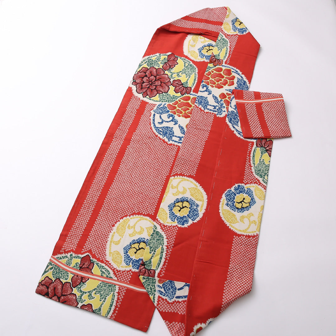 アンティーク 九寸 名古屋帯 帯丈342cm 名古屋仕立て 全通 Aランク カジュアル 正絹 刺繍 花柄 芸術的 存在感 赤系 1224-02737