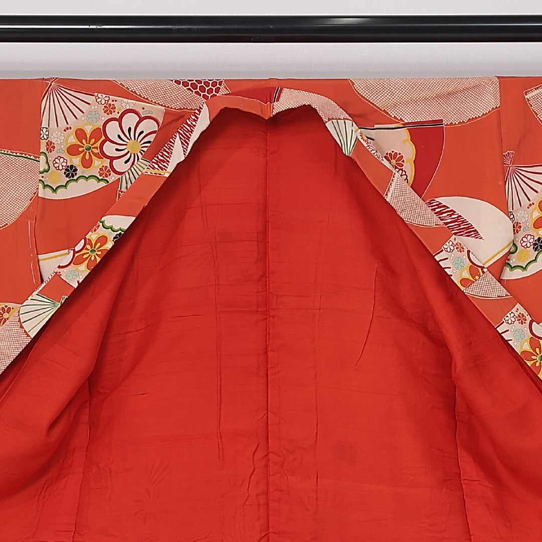 アンティーク 小紋 (錦紗) 袷 身丈151cm 裄丈64cm 正絹 Aランク バチ衿 Sサイズ 扇 亀甲 花柄 朱系 M4 1221-12022
