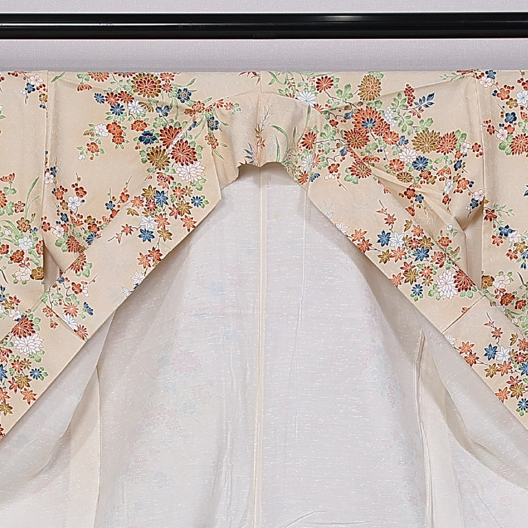 小紋 袷 身丈153cm 裄丈63cm 正絹 Aランク インフォーマル 広衿 Sサイズ 四季草花 クリーム系 RP 1221-11249