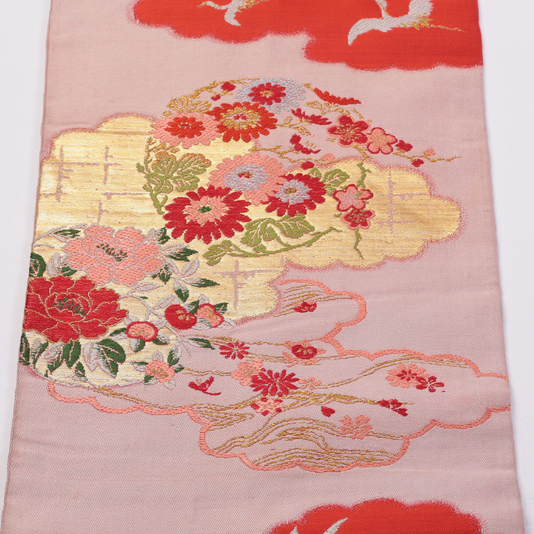 アンティーク 九寸名古屋帯 Cランク 帯丈322cm 正絹 六通 名古屋仕立て 織り 鶴 雲取り 菊 ピンク系 LP 1245-00882
