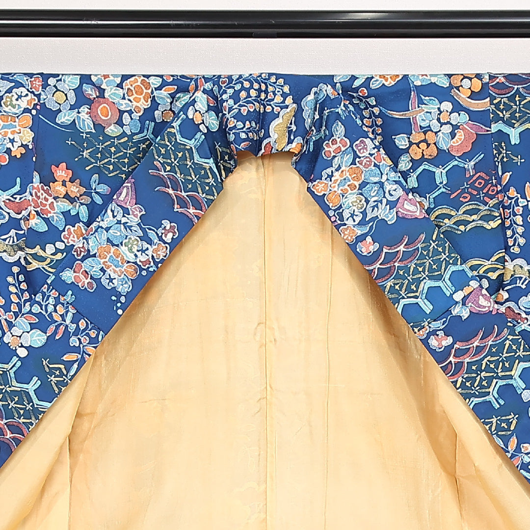 小紋 袷 身丈160cm 裄丈62cm 正絹 Sランク インフォーマル バチ衿 Lサイズ 梅 松 吉祥文様 青系 RP 1221-13193