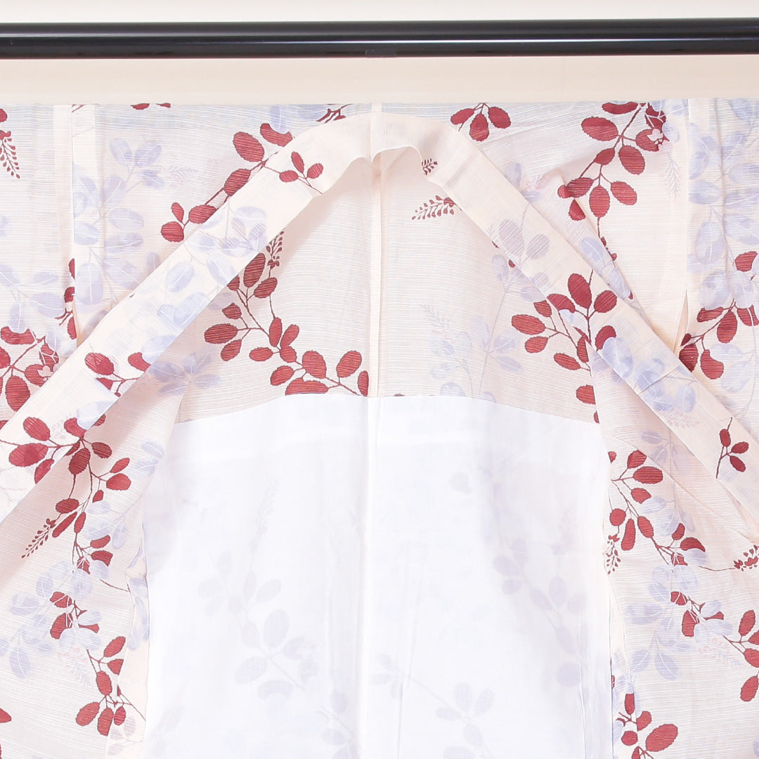 小紋 絽 身丈138cm 裄64cm 麻 洗える着物 萩 居敷当て 白系 Sランク 1215-02269