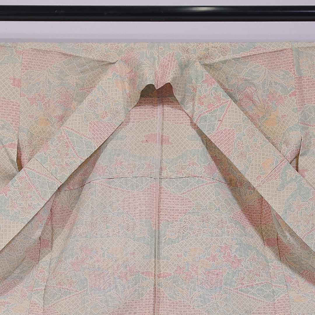 小紋 単衣 身丈155cm 裄丈64cm 正絹 Cランク インフォーマル 広衿 Mサイズ 花園 ベージュ系 LP 1221-11778