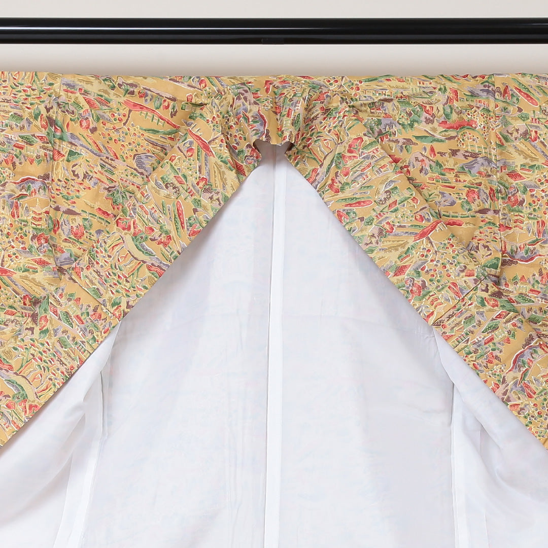 小紋 洗える着物 袷 身丈161cm 裄丈64cm ポリエステル Aランク Lサイズ 広衿 インフォーマル 茶屋辻 黄系 1215-01596