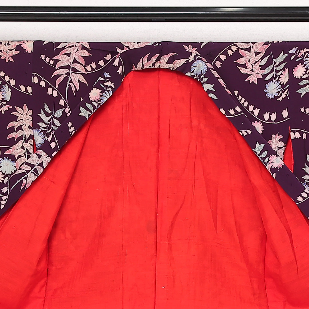 アンティーク 小紋 (錦紗) 袷 身丈148cm 裄丈63cm 正絹 Bランク バチ衿 XSサイズ 植物柄 紫系 RP 1221-13560