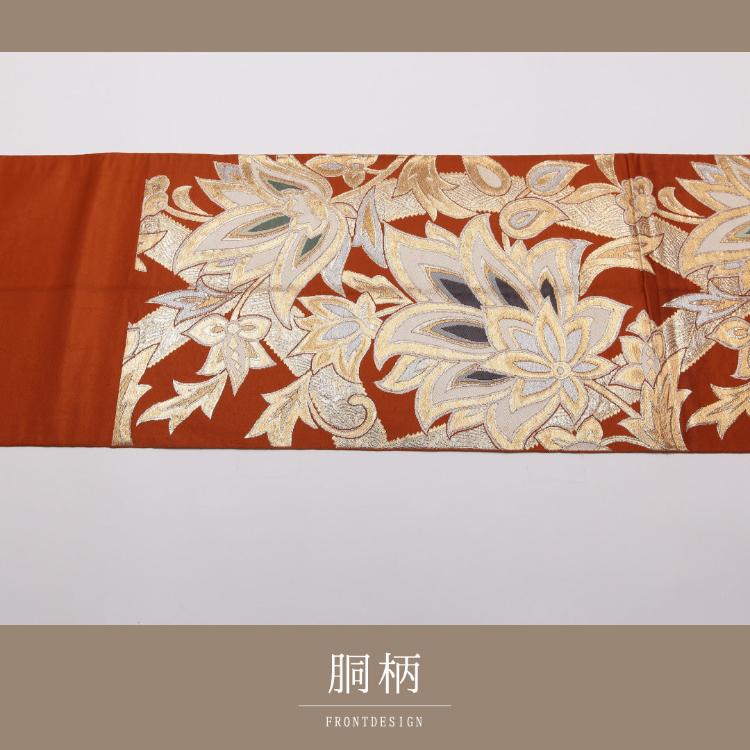 アンティーク 袋帯 帯丈400cm 正絹 六通 唐草華文 朱系 1243-01419