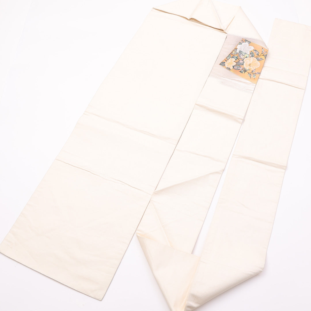 名古屋帯 帯丈338cm ポイント柄 名古屋仕立て Bランク セミフォーマル 金駒刺繍 引箔 金彩 牡丹 クリーム系 正絹 銀系 1224-00999