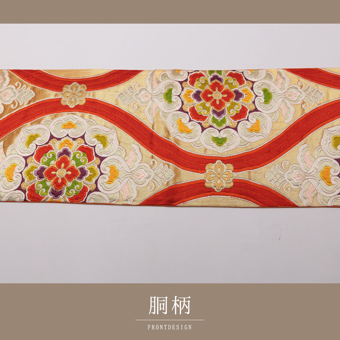 袋帯 帯丈412cm 正絹 六通 フォーマル 唐織 宝相華 立涌 朱系 1243-01442