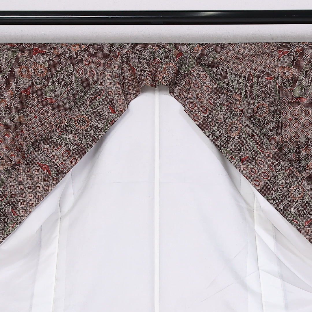 大島紬 袷 身丈165cm 裄63.5cm 正絹 吉祥文様 菊 茶系 Aランク 1216-01408