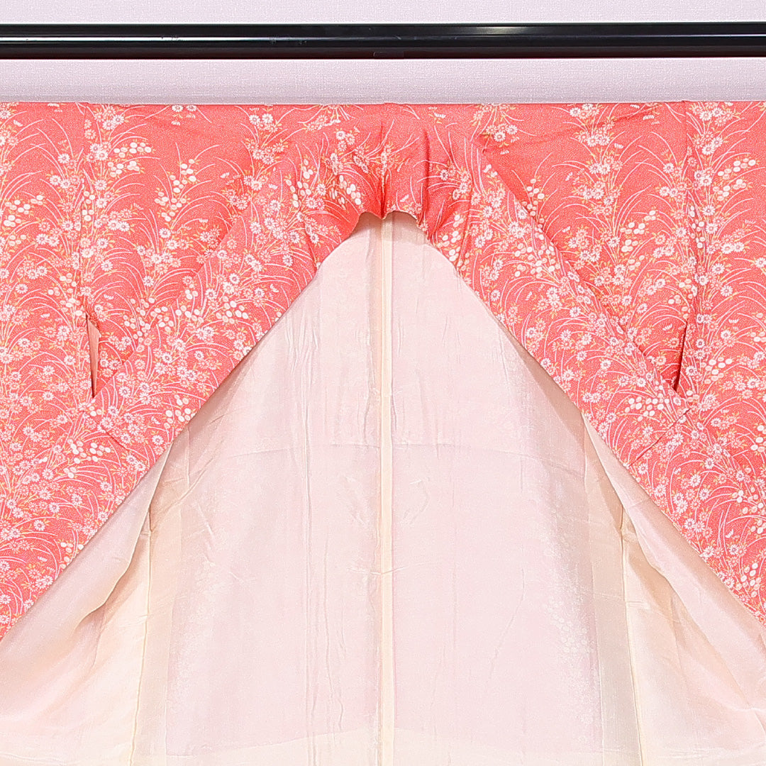 小紋 袷 身丈157cm 裄丈64cm 正絹 Sランク インフォーマル 広衿 Mサイズ 菊 ピンク系 RP 1221-10899