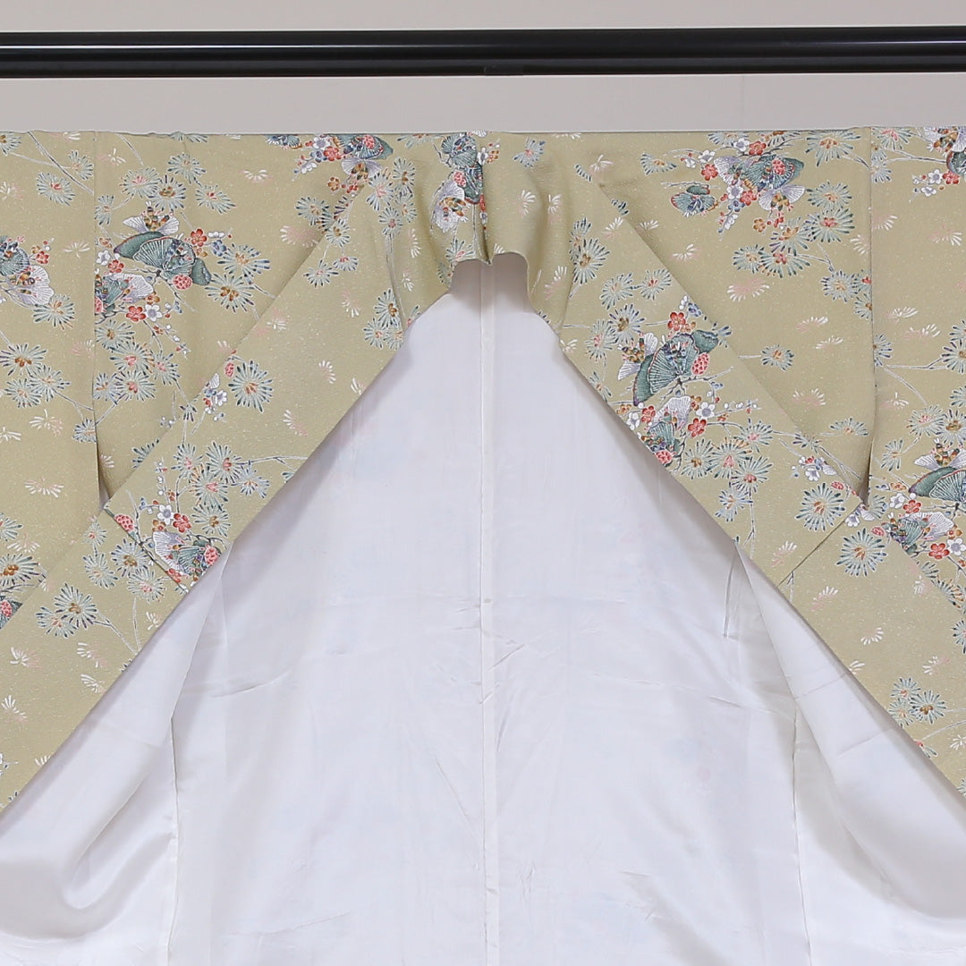 小紋 袷 身丈166cm 裄丈66cm 正絹 Aランク XLサイズ 広衿 インフォーマル ちりめん 梅 松 緑系 茶系 1215-01805