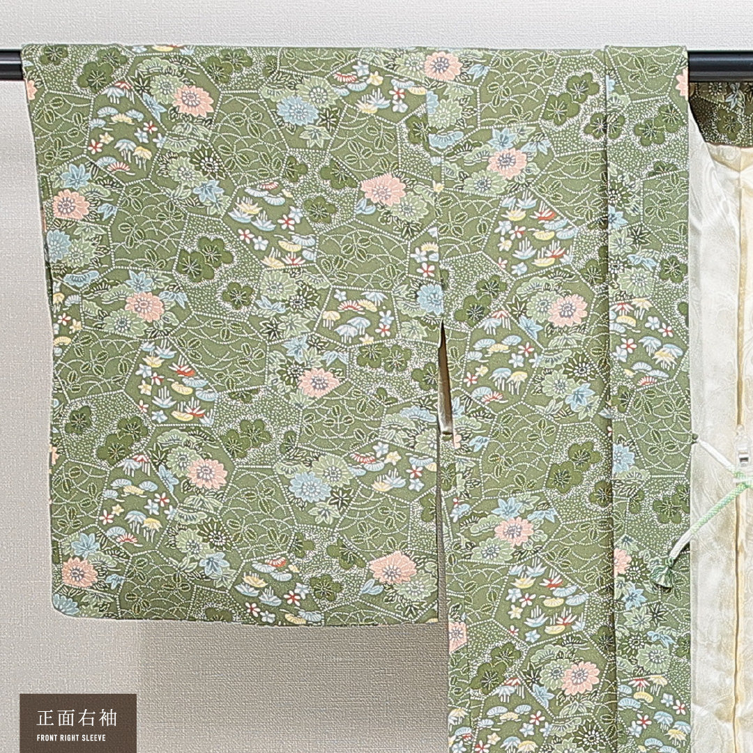 羽織 袷 身丈81cm 裄丈63cm 正絹 Sランク カジュアル Sサイズ 紐あり 松竹梅 緑系 RP 1232-14840