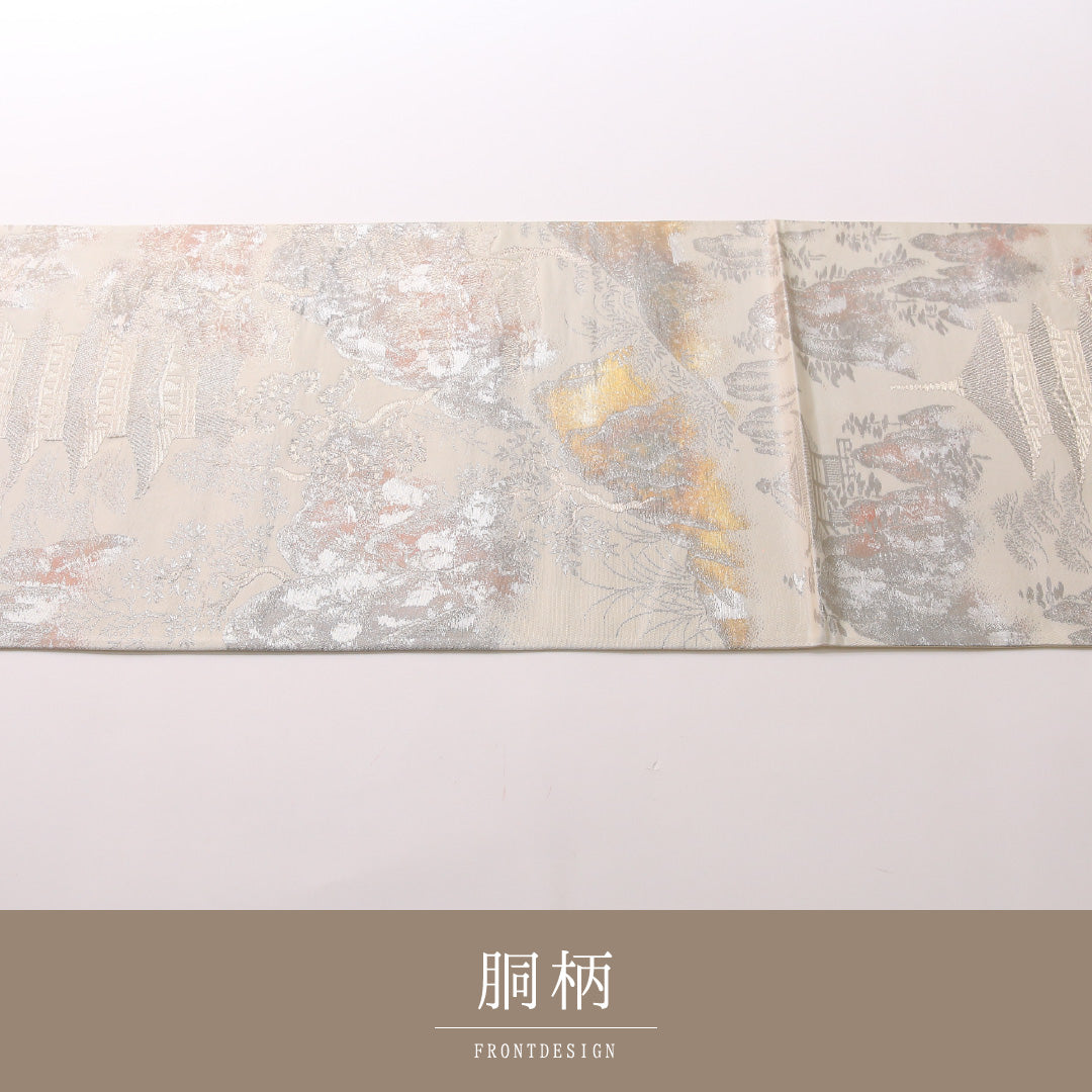 袋帯 帯丈430cm 正絹 六通 セミフォーマル 彩京錦 京洛百景 白系 銀系 1243-01661