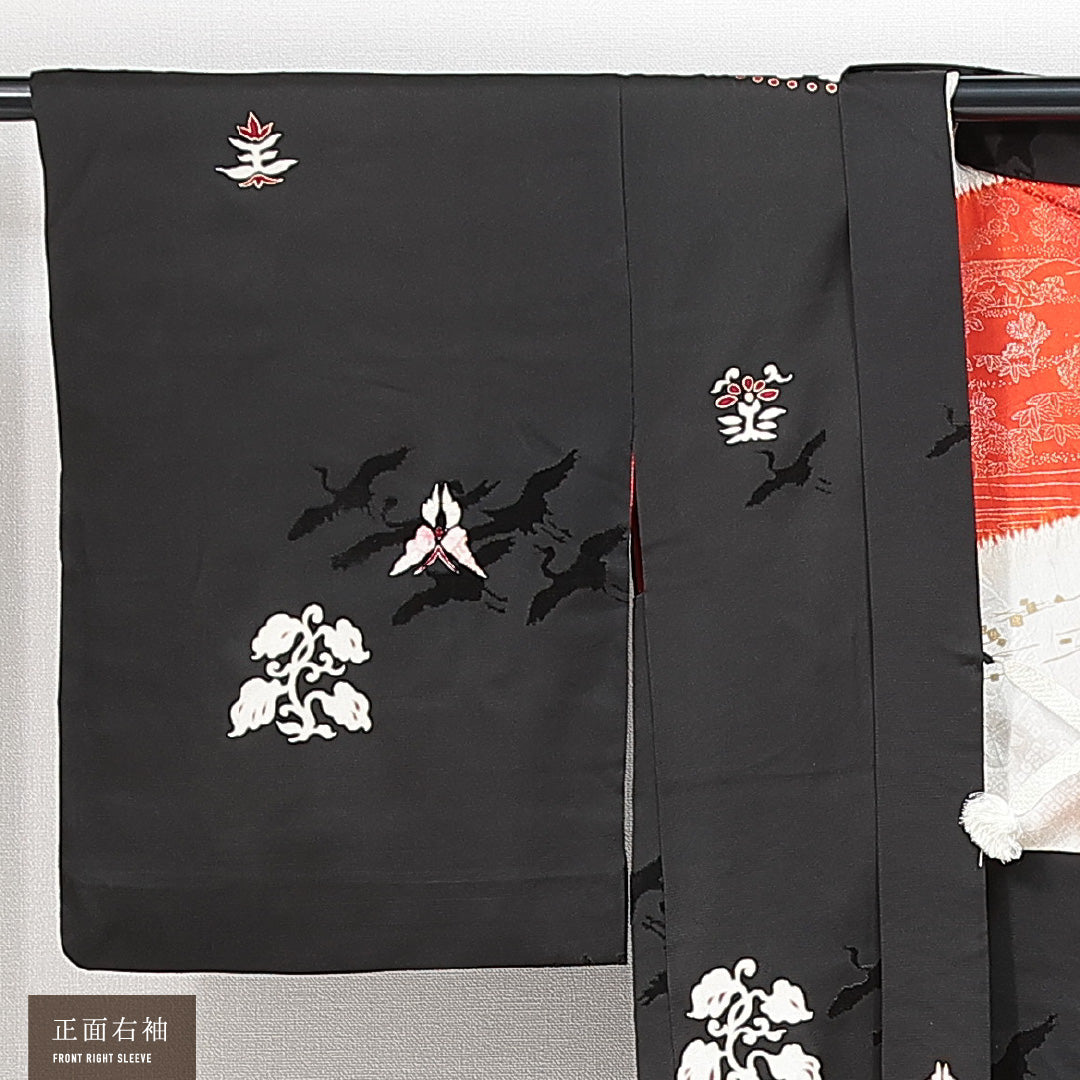 アンティーク 黒羽織 袷 身丈92cm 裄丈62cm 正絹 Aランク 一つ紋 (唐花) Sサイズ 織り出し 絵羽羽織 紐あり 鶴 唐華丸文 黒系 M4 1233-14757