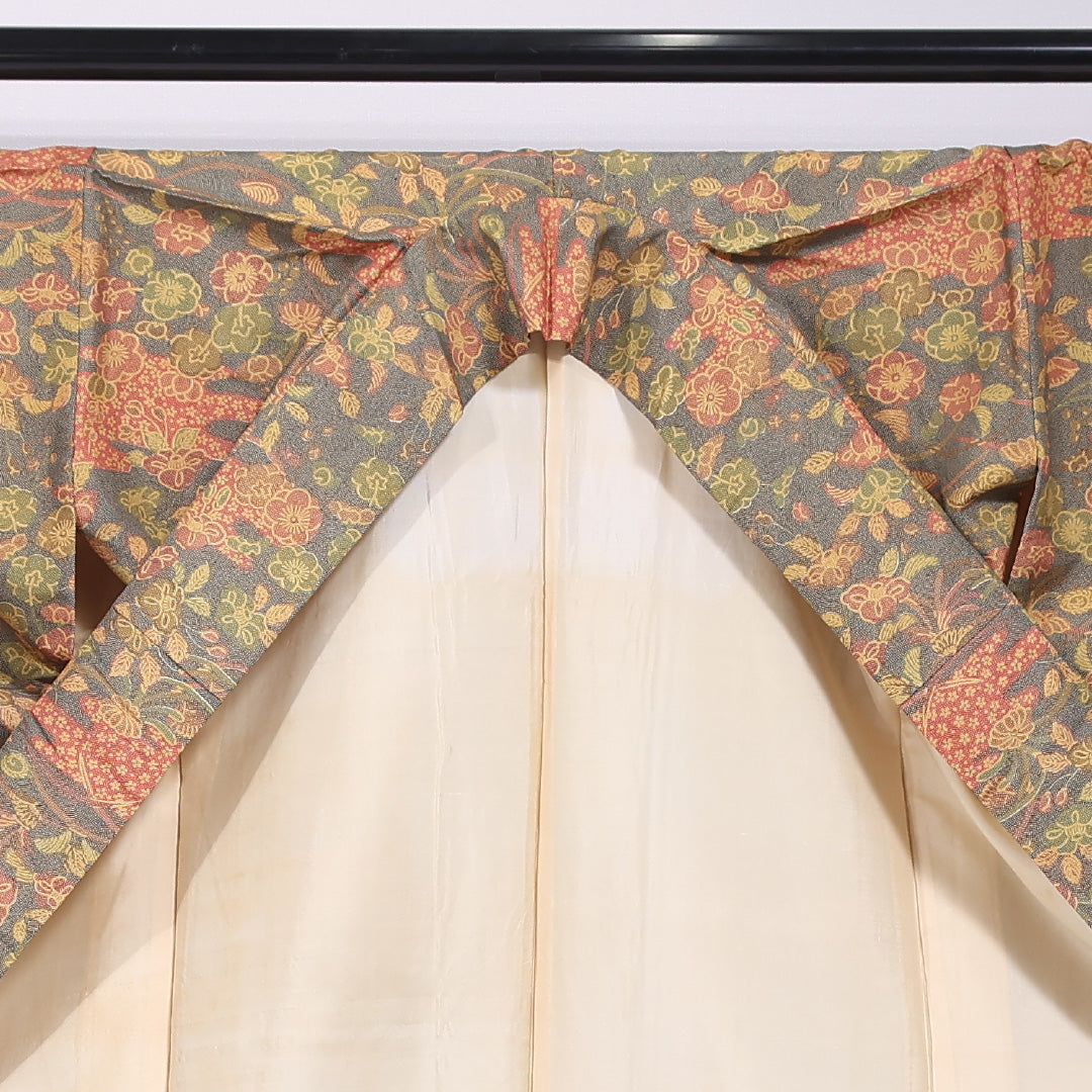 小紋 袷 身丈160cm 裄丈65cm 正絹 Sランク 紋意匠 (鮫) インフォーマル 広衿 Lサイズ 四季草花 紺系 RP 1221-11702