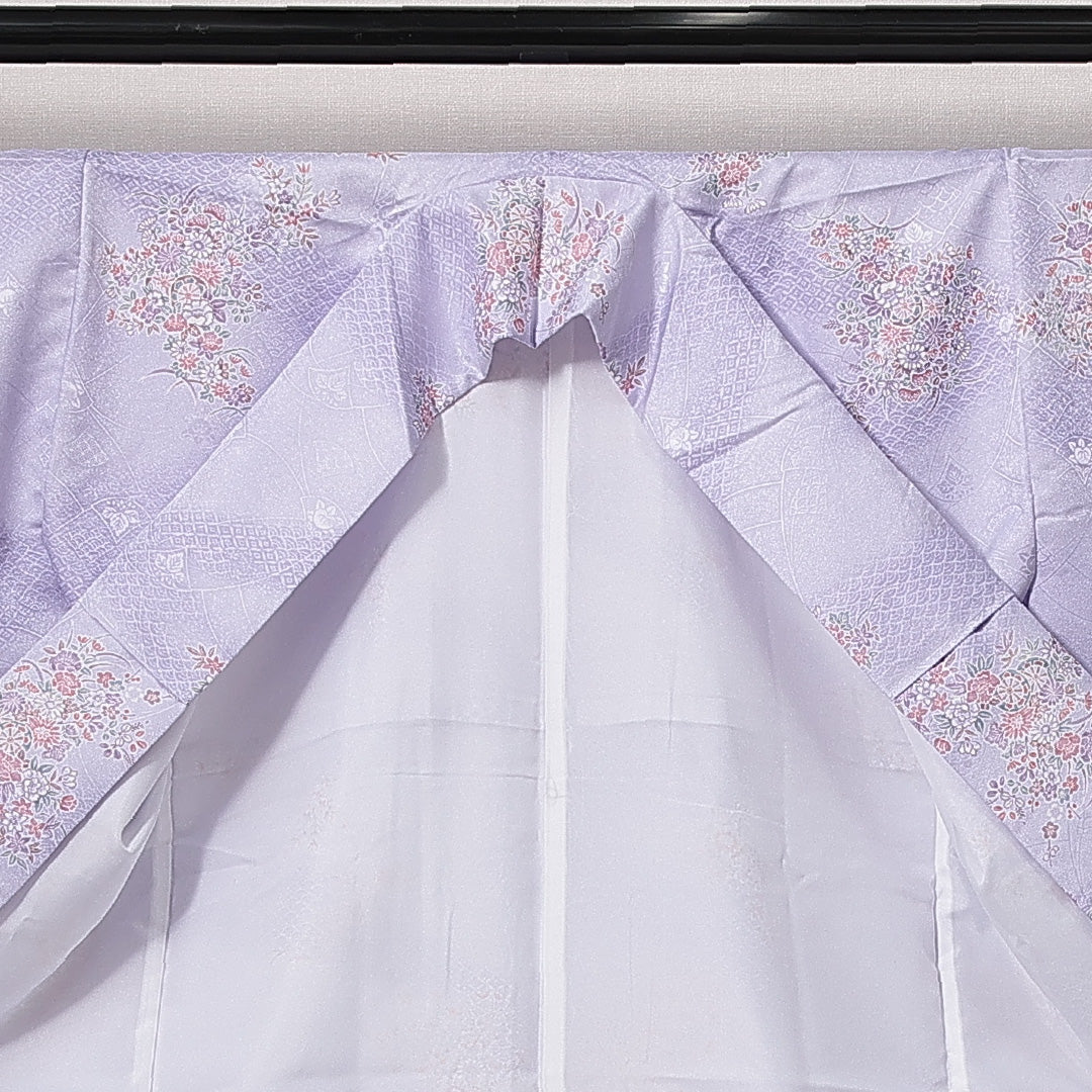 小紋 洗える着物 袷 身丈161cm 裄丈63cm ポリエステル Sランク Lサイズ 広衿 インフォーマル 花車 紫系 1215-14827