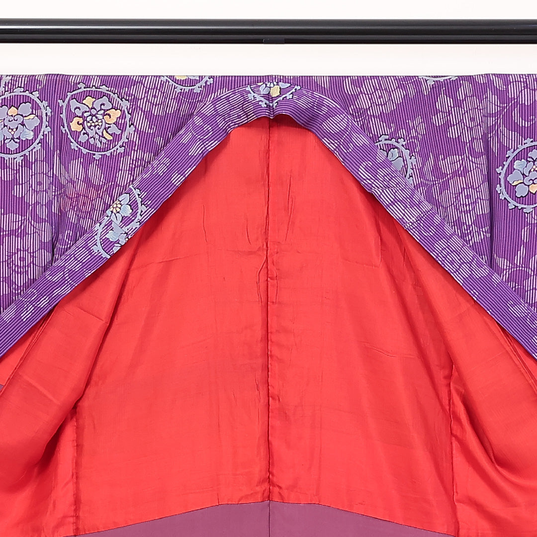 アンティーク 小紋 袷 身丈144cm 裄65cm 正絹 牡丹 花文 紫系 Bランク 1215-02304