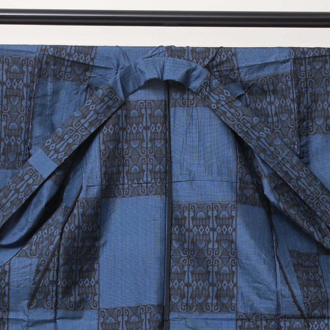 紬 単衣 身丈151cm 裄丈62cm 正絹 Bランク Sサイズ バチ衿 カジュアル 市松 青系 1216-03505