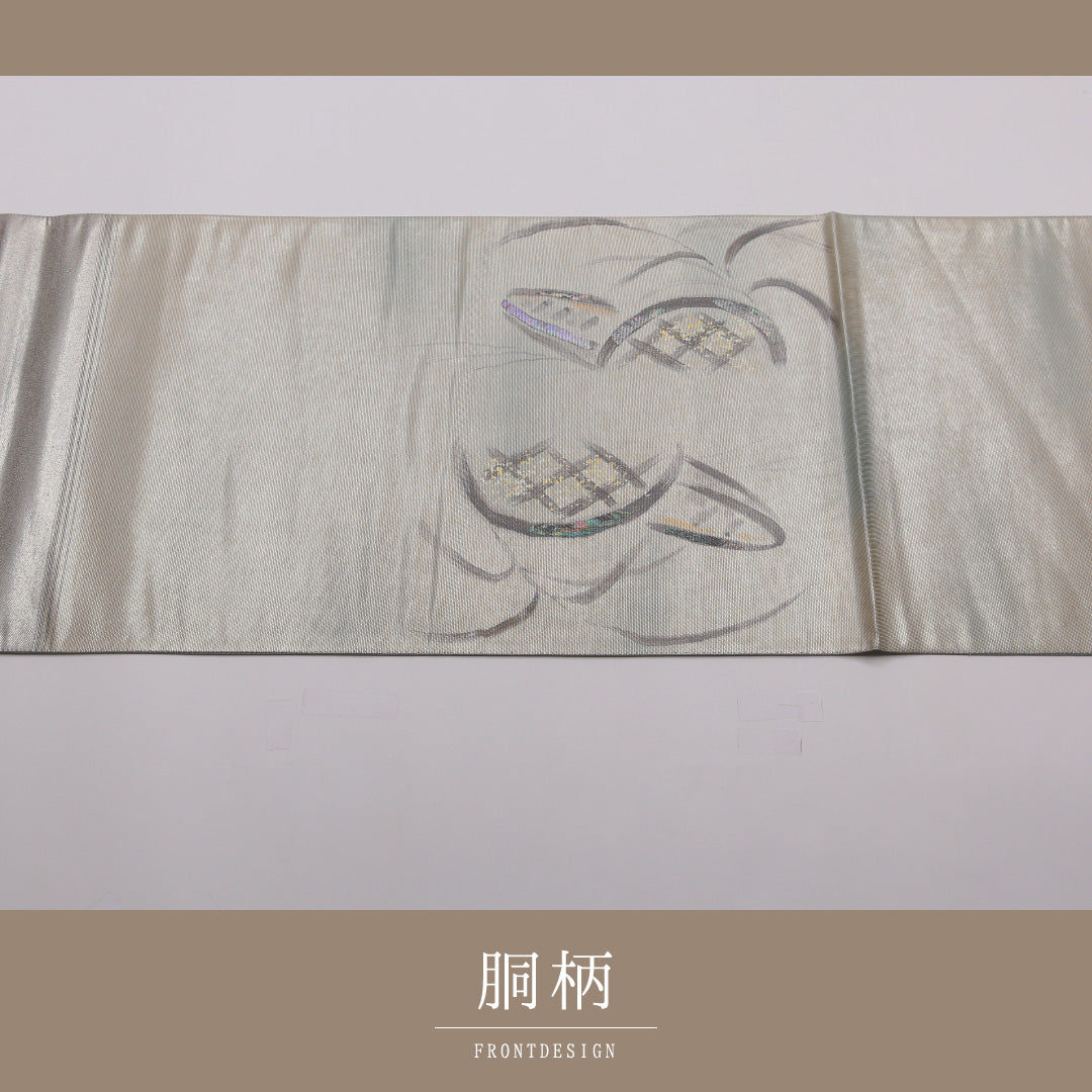 袋帯 帯丈440cm 六通 セミフォーマル Bランク 正絹 引箔 水色系 創作 クリーム系 1223-01430