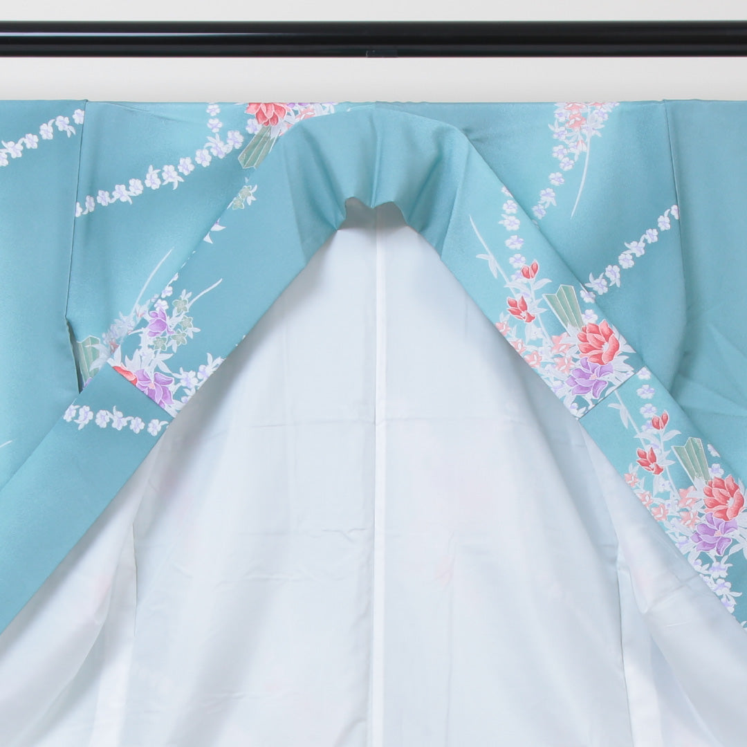 洗える着物 小紋 袷 身丈162cm 裄丈62cm ポリエステル Sランク インフォーマル 広衿 Lサイズ 花柄 緑系 RP 1221-01153
