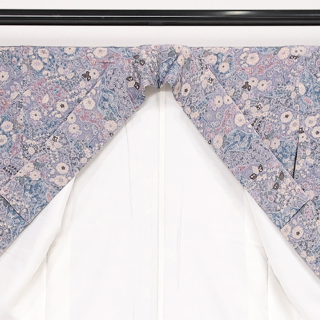 小紋 袷 身丈156cm 裄丈63cm 正絹 Sランク インフォーマル 広衿 Mサイズ 花柄 紫系 RP 1221-13394