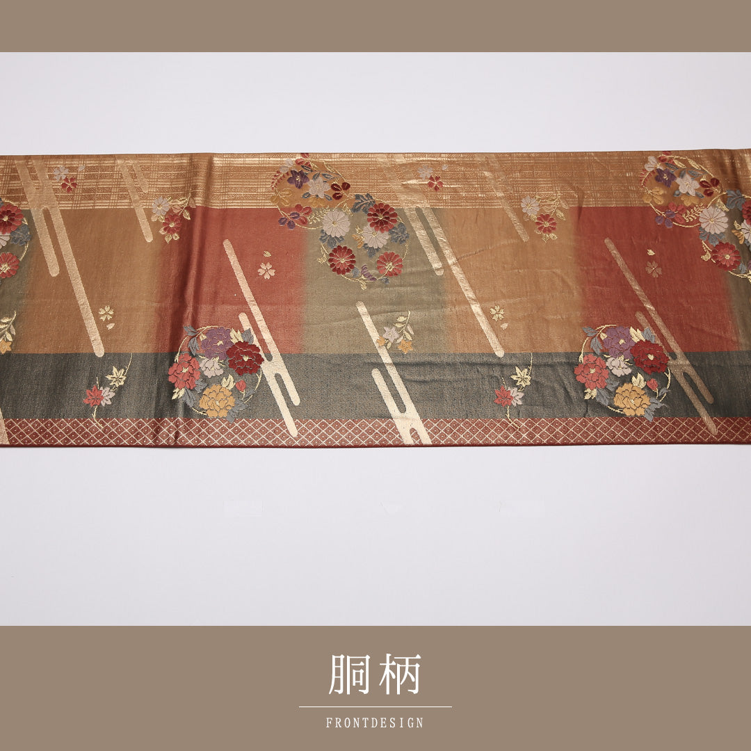 袋帯 帯丈436cm 正絹 六通 フォーマル エ霞 檜垣 丸文 赤系 1243-01017