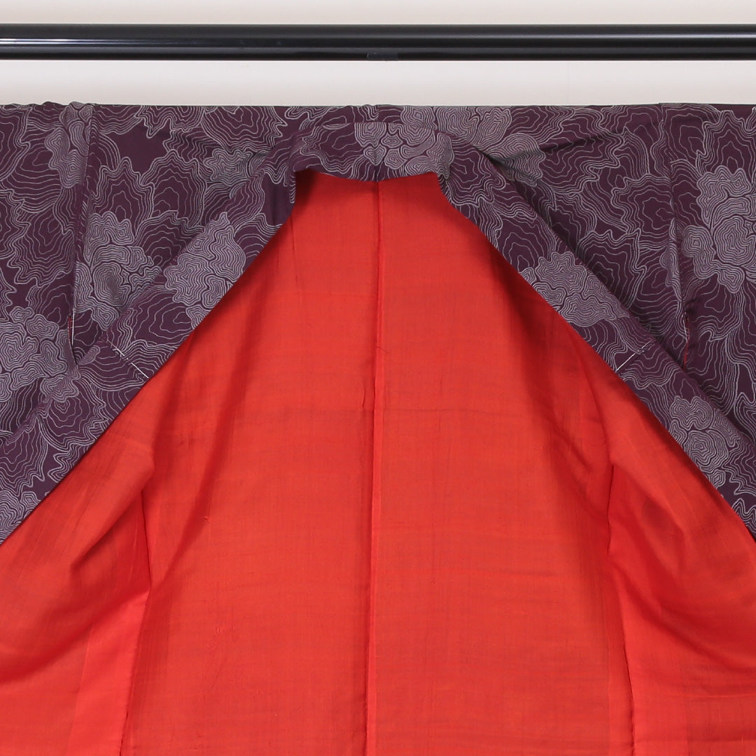 アンティークお召 袷 身丈145cm 裄62cm 正絹 ボタニカル 紫系 Bランク 1216-00899