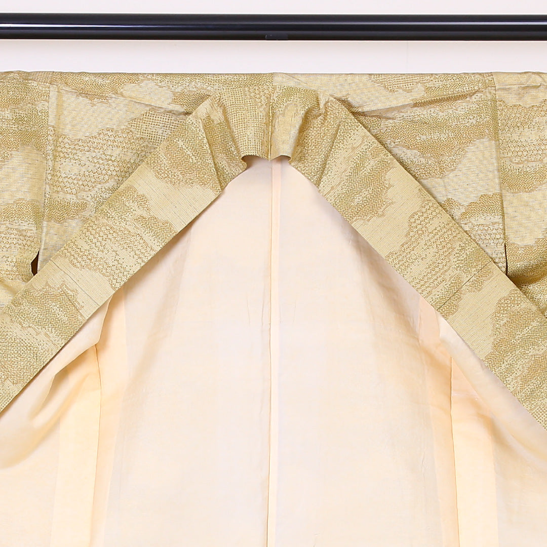 紬 袷 身丈154cm 裄丈65cm 正絹 Aランク Sサイズ 広衿 カジュアル 雲取り ベージュ系 1216-03275