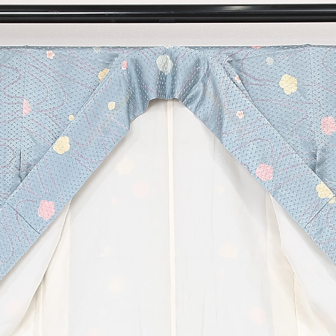 小紋 袷 身丈146cm 裄丈62cm 正絹 Bランク インフォーマル 広衿 XSサイズ 刺繍 流水 桜 桜 水色系 RP 1221-13115