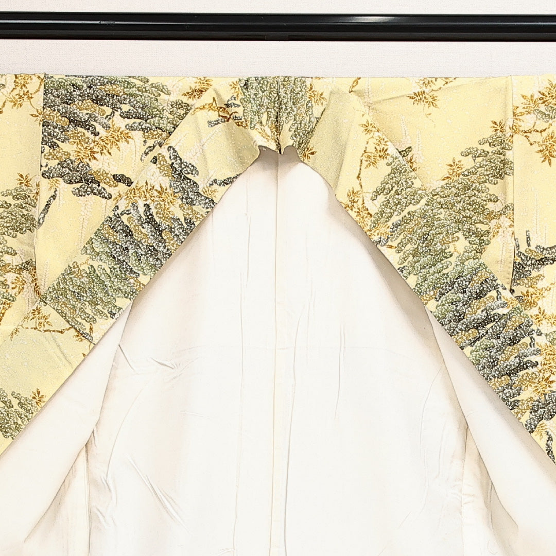小紋 袷 身丈152cm 裄丈63cm 正絹 Sランク インフォーマル 広衿 Sサイズ 染め紬 藤 松 黄系 M4 1221-14004